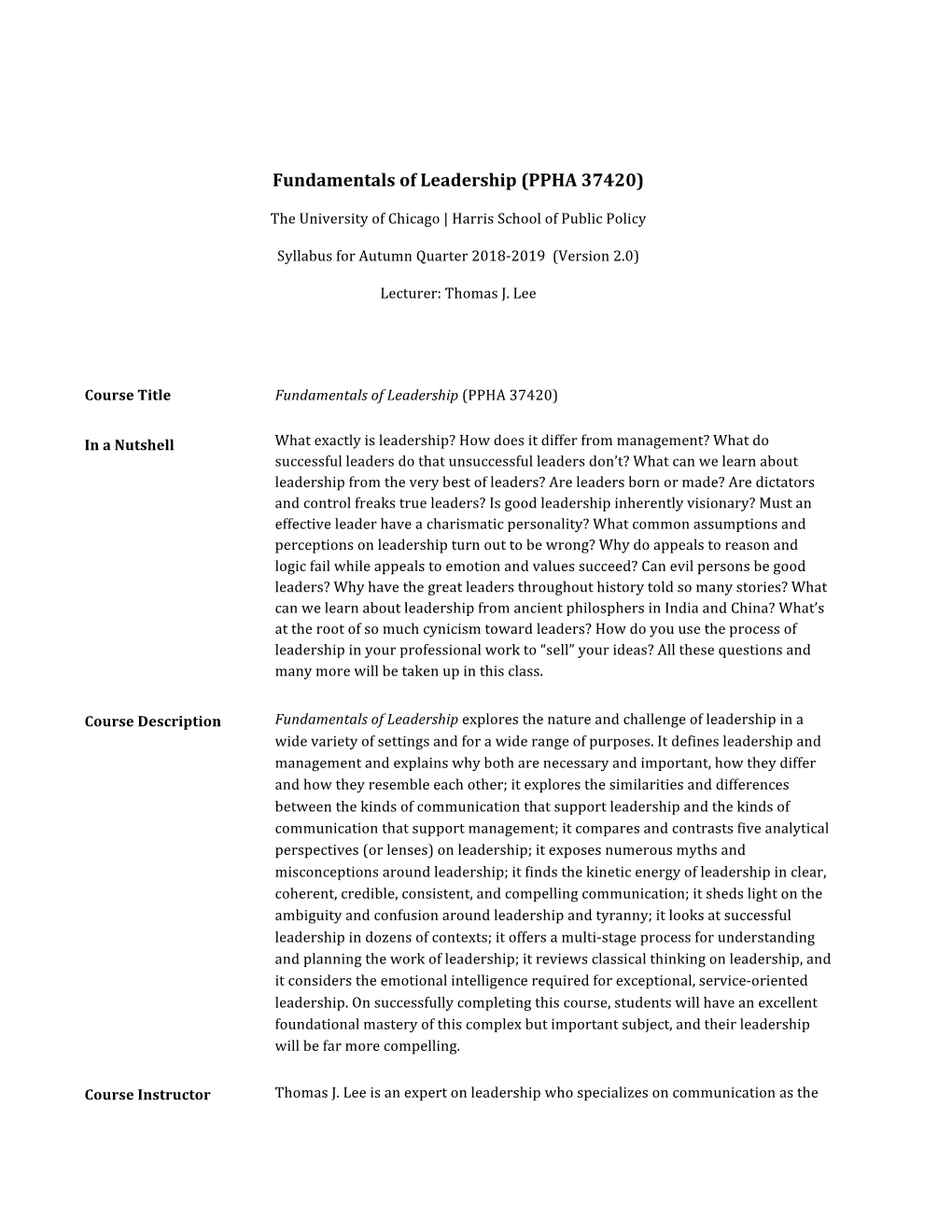 Fundamentals of Leadership (PPHA 37420)