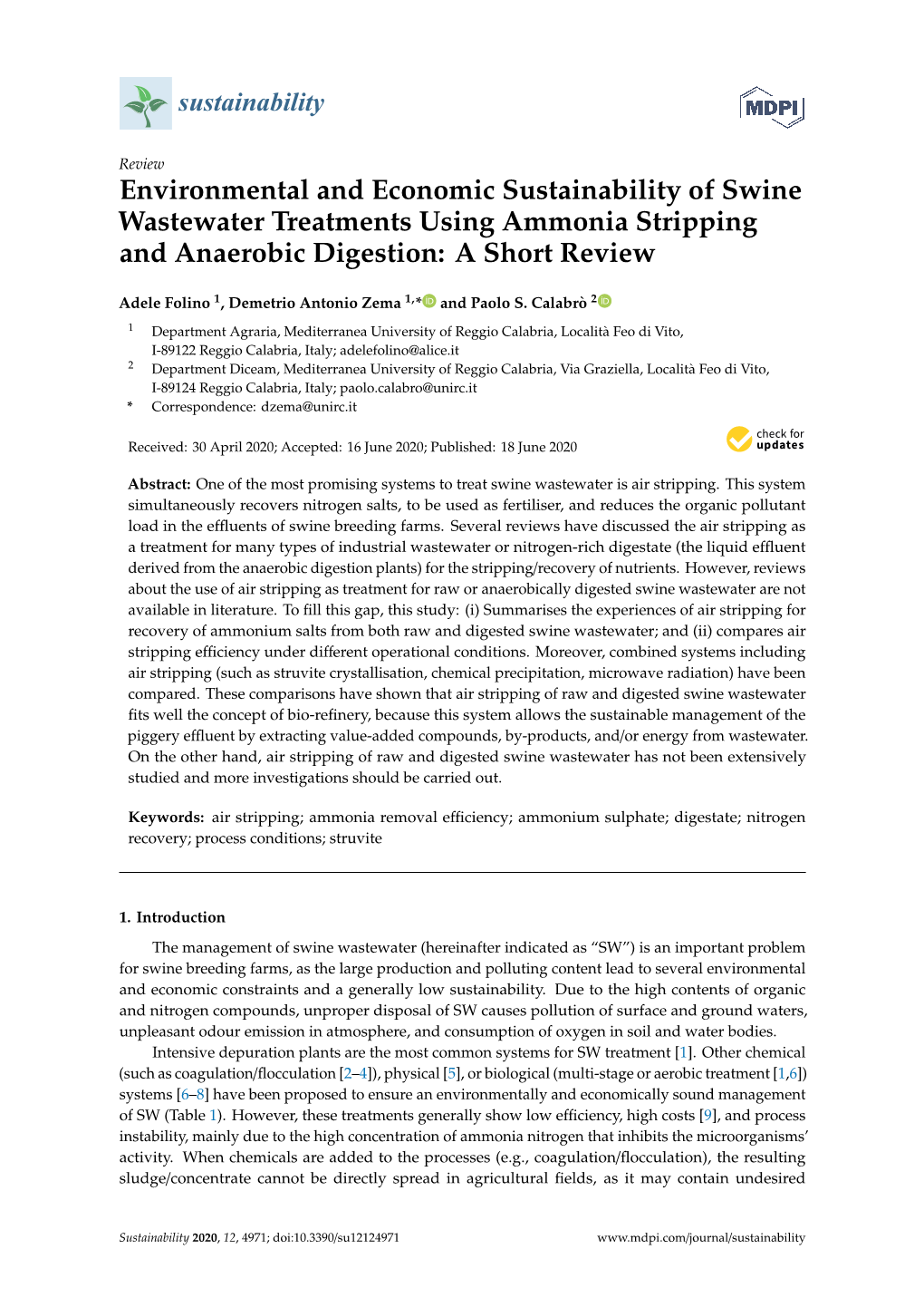 Environmental and Economic Sustainability of Swine Wastewater Treatments Using Ammonia Stripping and Anaerobic Digestion: a Short Review