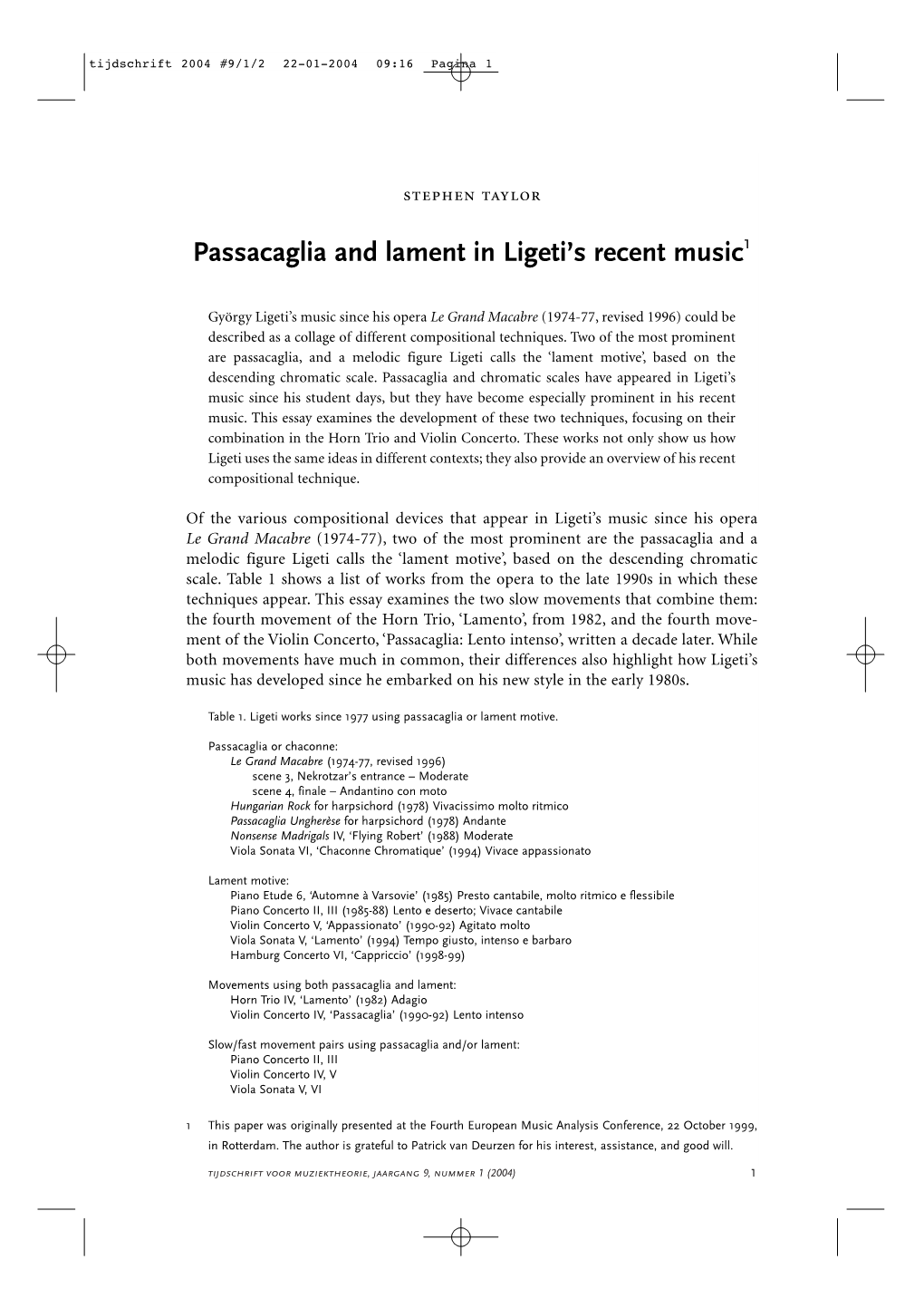 Passacaglia and Lament in Ligeti's Recent Music