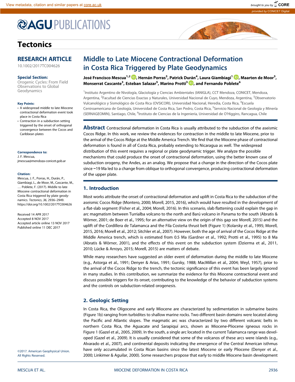 Middle to Late Miocene Contractional Deformation in Costa Rica