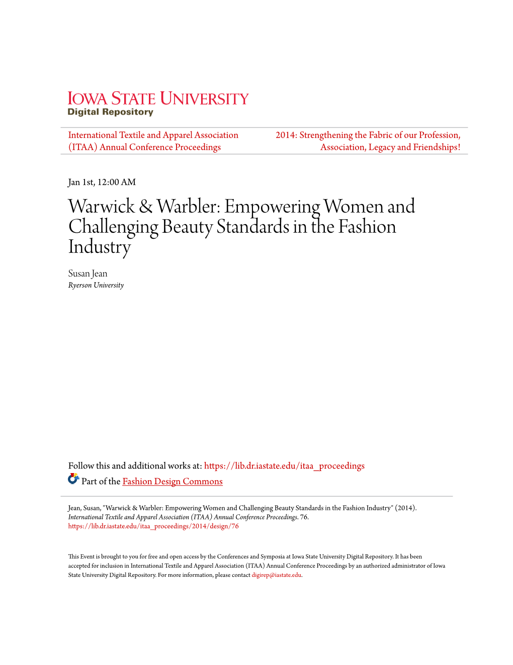 Empowering Women and Challenging Beauty Standards in the Fashion Industry Susan Jean Ryerson University