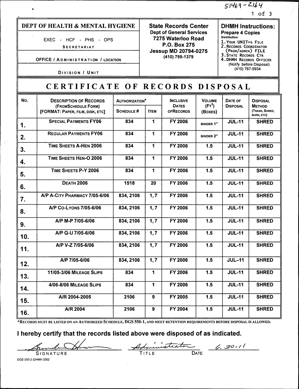 Certificate of Records Disposal