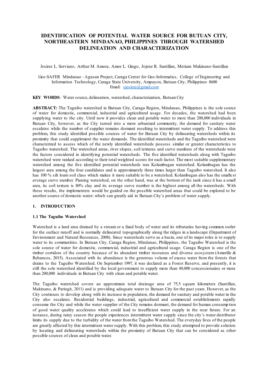 Identification of Potential Water Source for Butuan City, Northeastern Mindanao, Philippines Through Watershed Delineation and Characterization