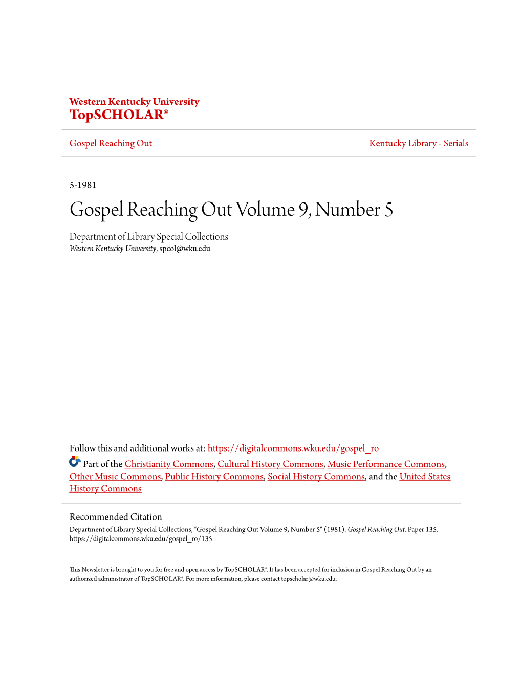 Gospel Reaching out Volume 9, Number 5 Department of Library Special Collections Western Kentucky University, Spcol@Wku.Edu
