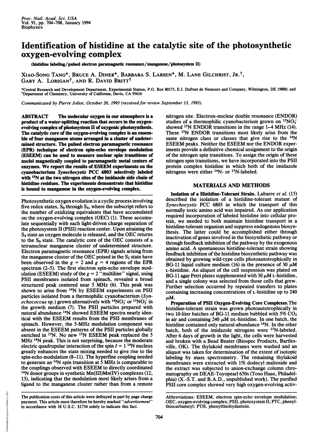 Identification of Histidine at the Catalytic Site of the Photosynthetic