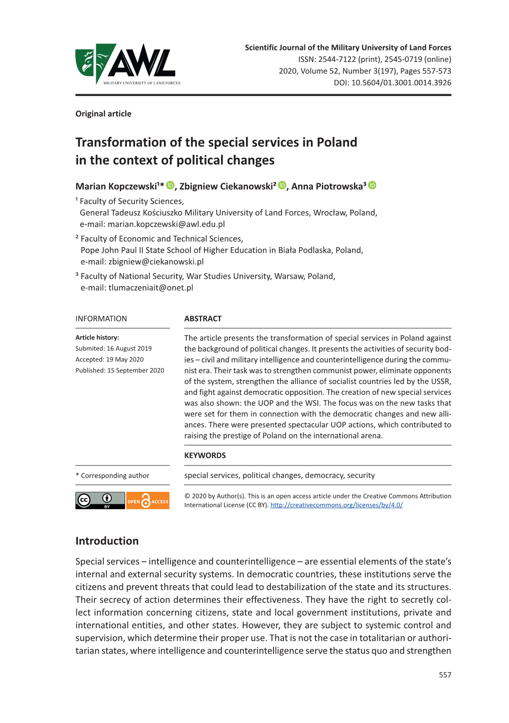 Transformation of the Special Services in Poland in the Context of Political Changes