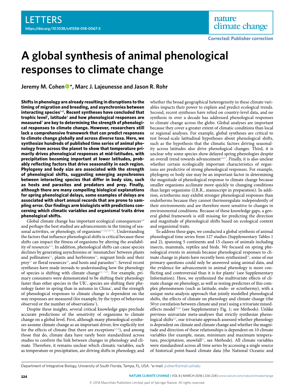 A Global Synthesis of Animal Phenological Responses to Climate Change