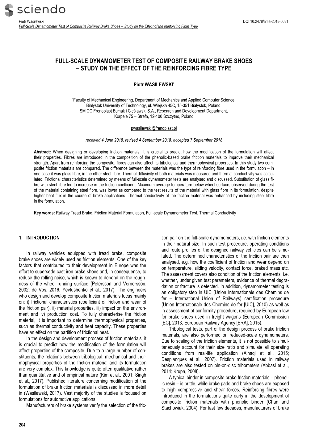 Full-Scale Dynamometer Test of Composite Railway Brake Shoes – Study on the Effect of the Reinforcing Fibre Type