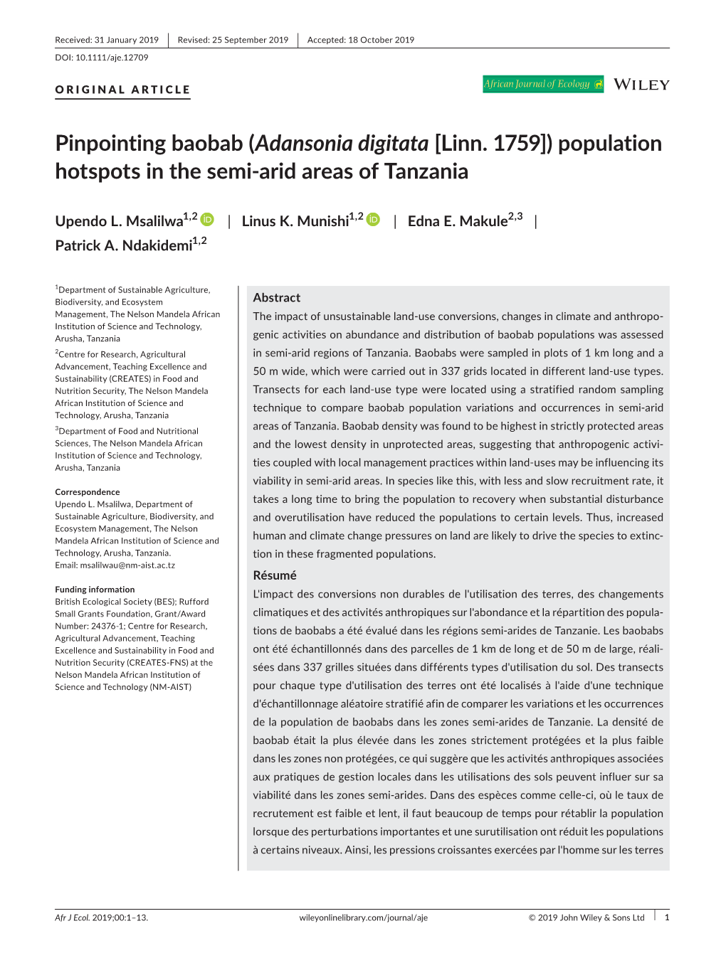 Pinpointing Baobab (Adansonia Digitata [Linn. 1759]) Population Hotspots in the Semi‐Arid Areas of Tanzania