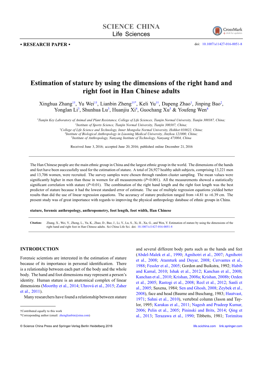 SCIENCE CHINA Estimation of Stature by Using the Dimensions of The