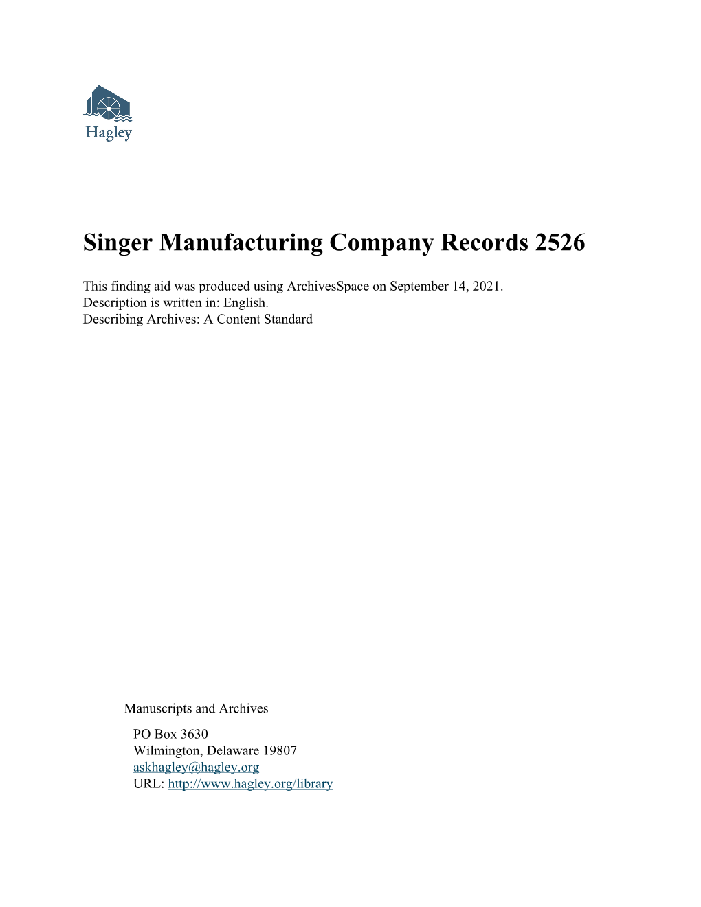 Singer Manufacturing Company Records 2526