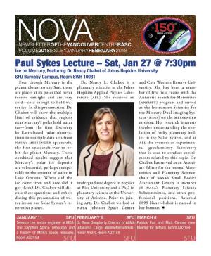 Paul Sykes Lecture – Sat, Jan 27 @ 7:30Pm Ice on Mercury, Featuring Dr