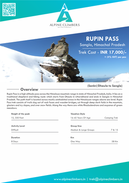RUPIN PASS Sangla, Himachal Pradesh Trek Cost - INR 17,000/- + (5% GST) Per Pax