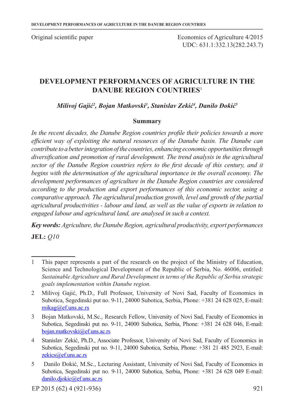 Development Performances of Agriculture in the Danube Region Countries