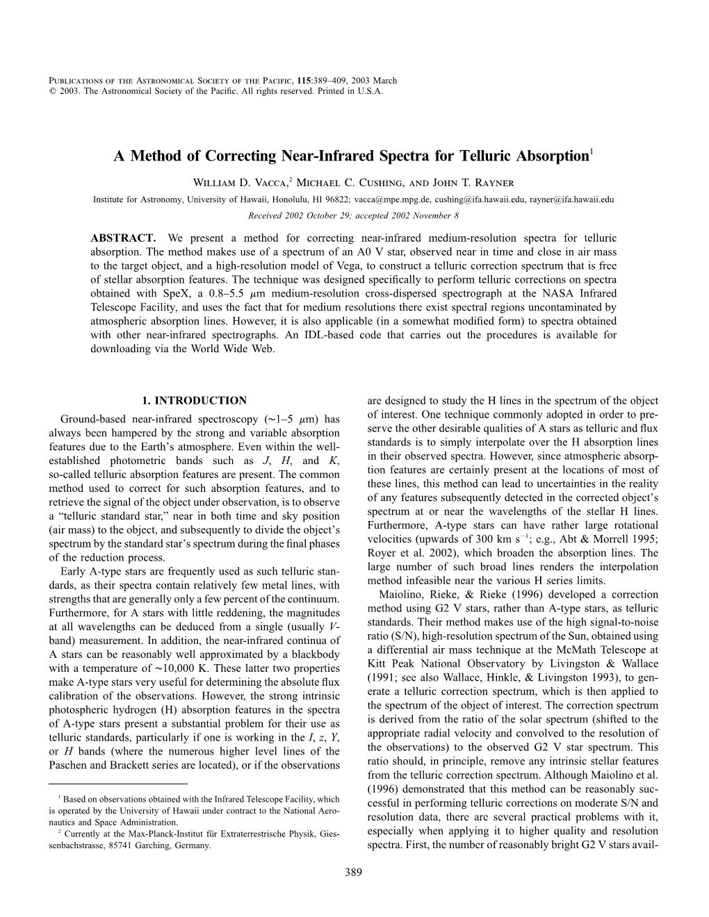 A Method of Correcting Near-Infrared Spectra for Telluric Absorption1