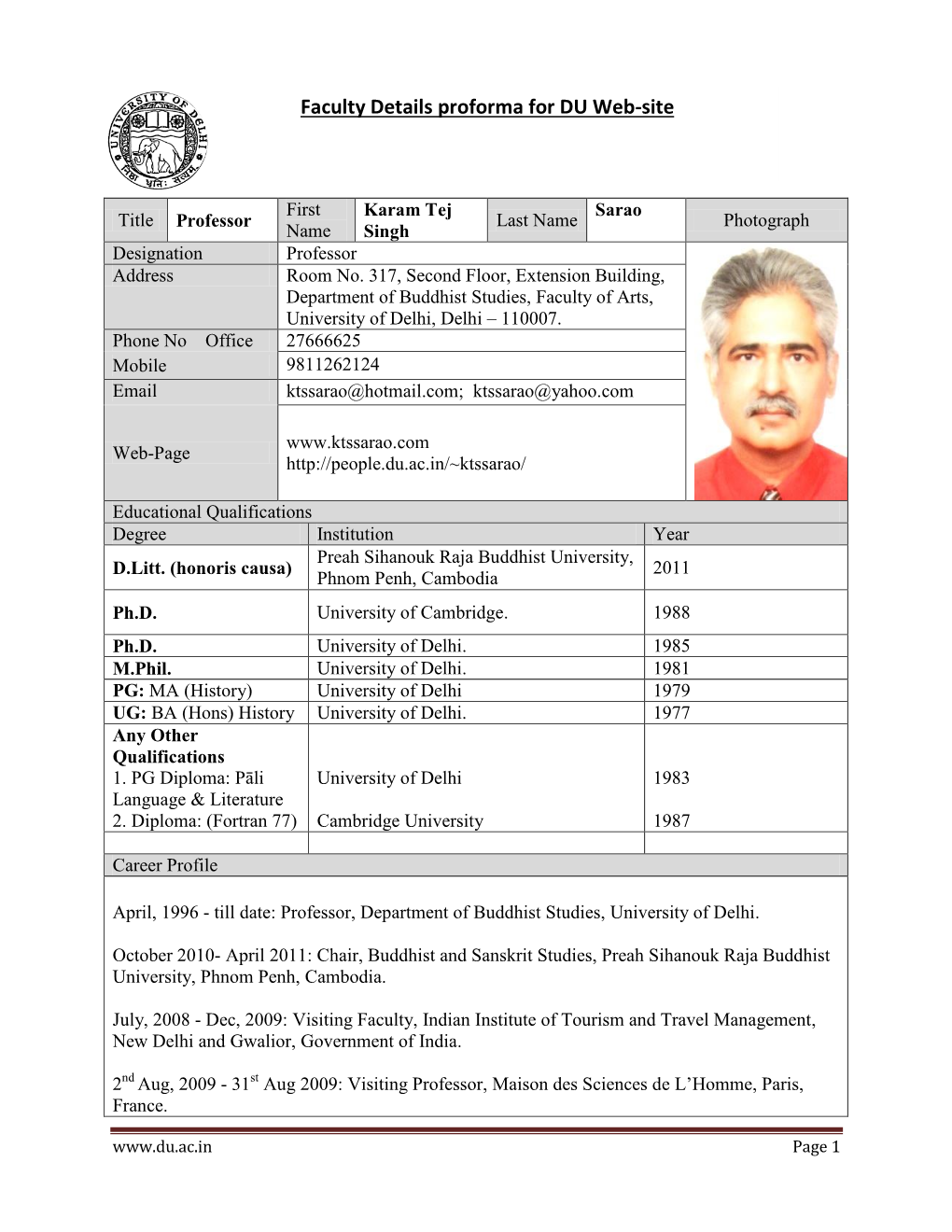 Faculty Details Proforma for DU Web-Site