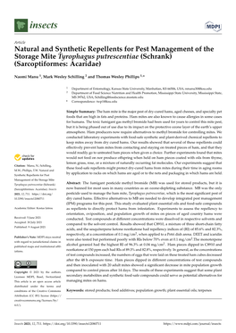 Natural and Synthetic Repellents for Pest Management of the Storage Mite Tyrophagus Putrescentiae (Schrank) (Sarcoptiformes: Acaridae)