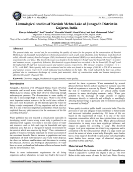 Limnological Studies of Narsinh Mehta Lake of Junagadh District in Gujarat, India