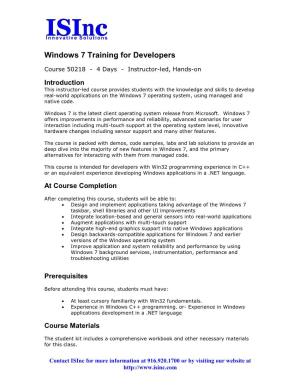 Windows 7 Training for Developers