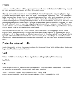 Freaks Production Notes and Credits Cast
