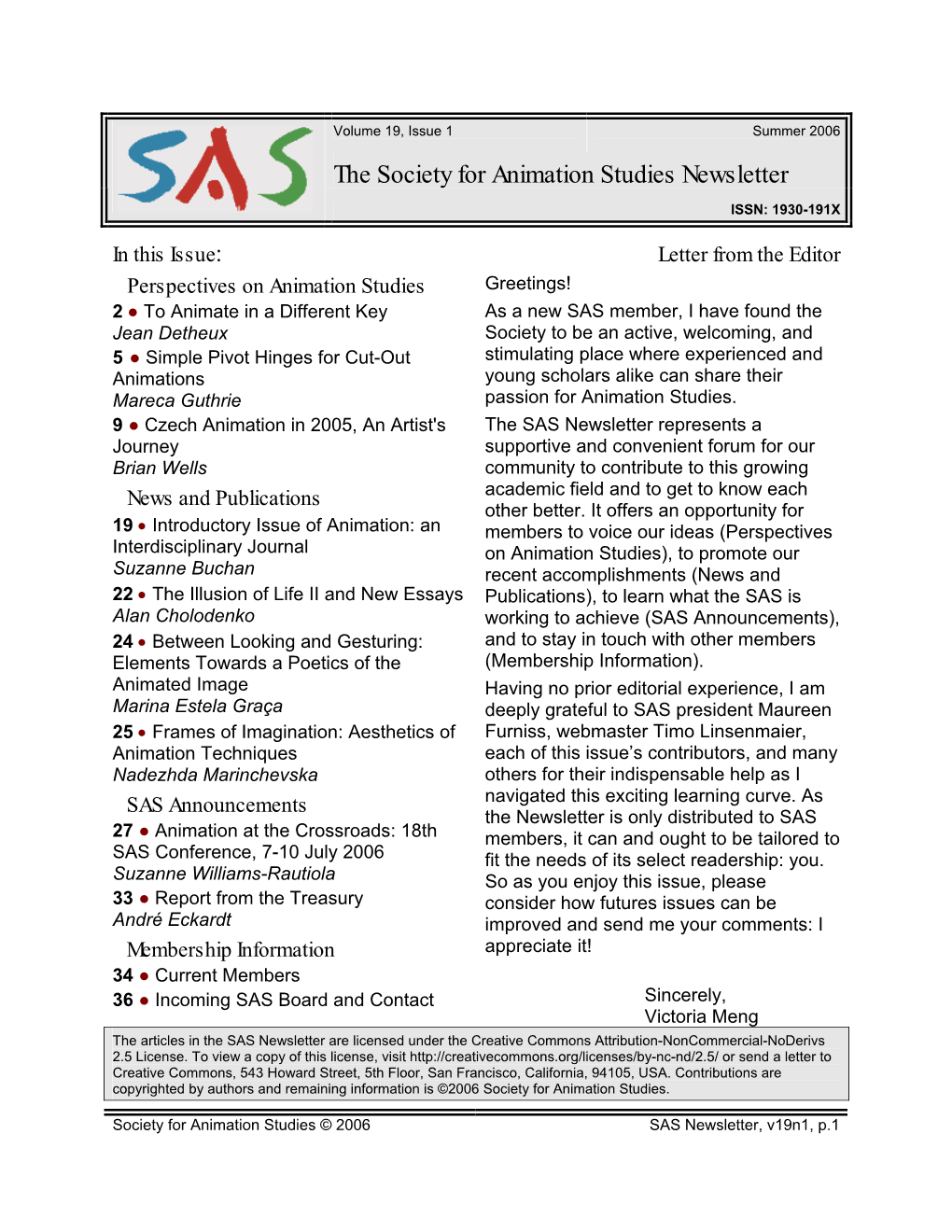 The Society for Animation Studies Newsletter