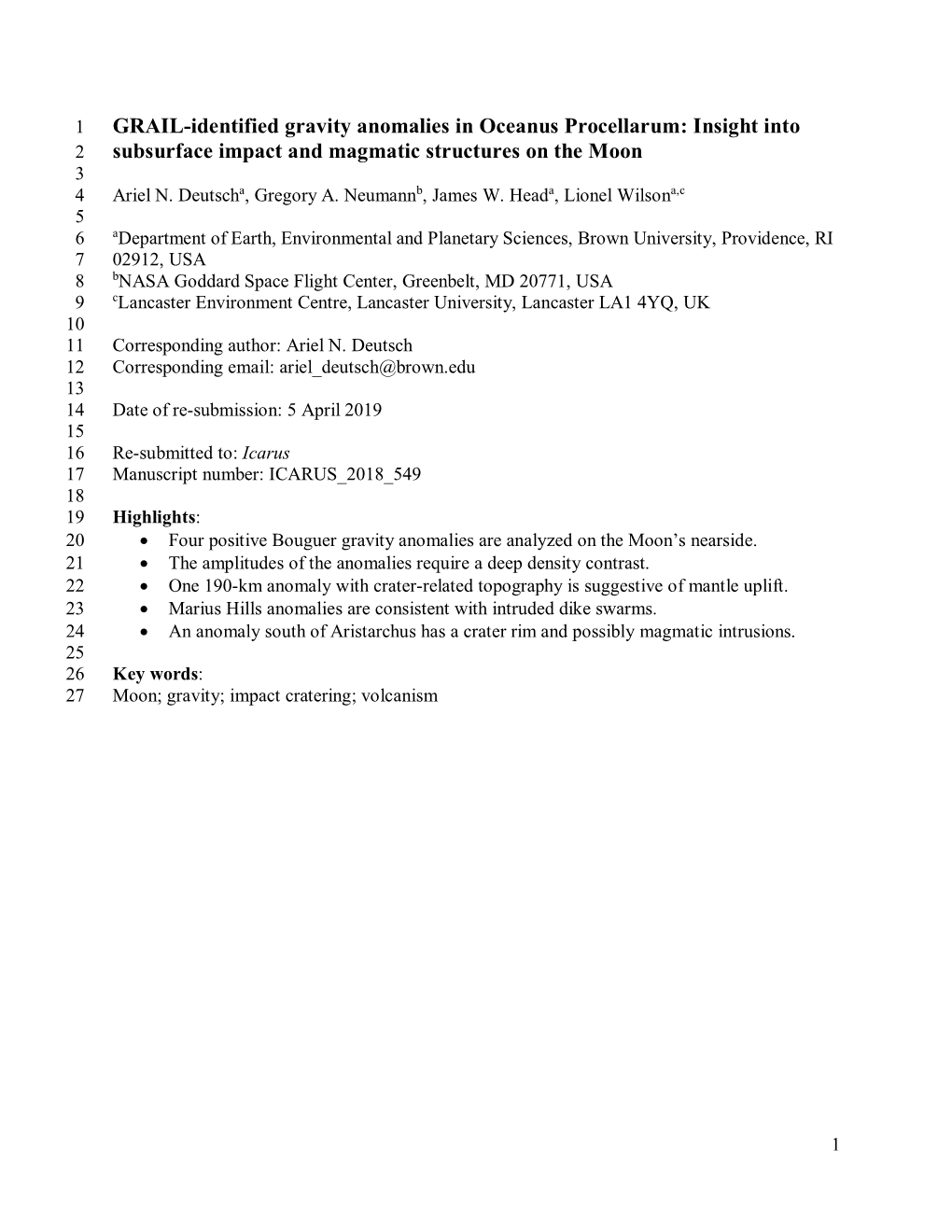 GRAIL-Identified Gravity Anomalies in Oceanus Procellarum: Insight Into 2 Subsurface Impact and Magmatic Structures on the Moon 3 4 Ariel N