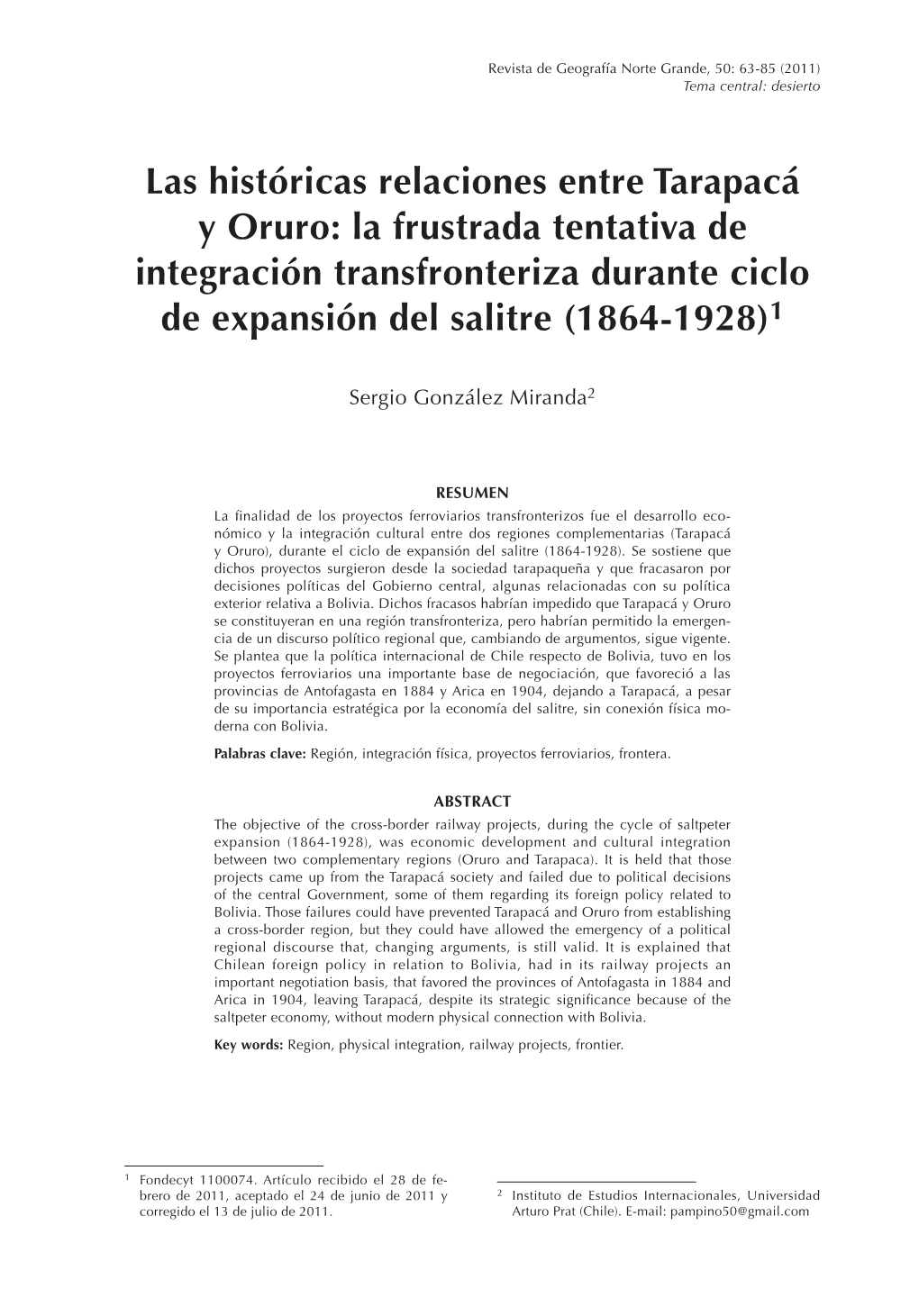 Las Históricas Relaciones Entre Tarapacá Y Oruro: La Frustrada Tentativa De Integración Transfronteriza Durante Ciclo De Expansión Del Salitre (1864-1928)1