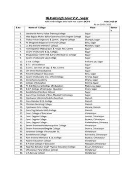 Dr.Harisingh Gour V.V., Sagar Affiliated Colleges Who Have Not Submit DCF-II Year 2013-14 As on 20-01-2015 S.No Name of College Place Remar K 1
