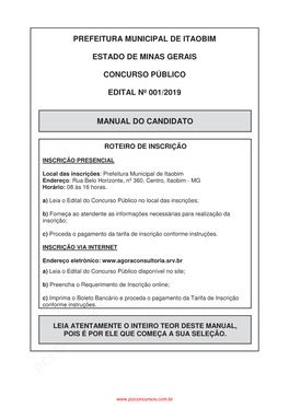 Prefeitura Municipal De Itaobim Estado De Minas Gerais Concurso Público