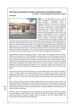 Safe Water and Sanitation: People’S Initiatives for Sustainable Solutions By: Mahiti – a Rural Development Center, Dholera, Gujarat Introduction