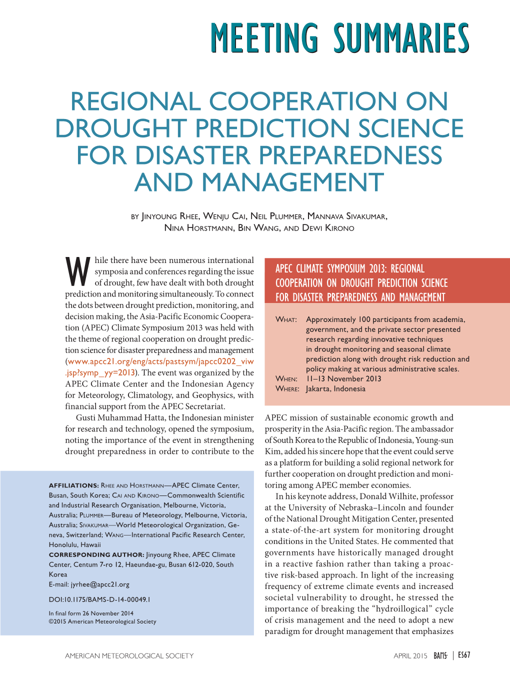 Regional Cooperation on Drought Prediction Science for Disaster Preparedness and Management