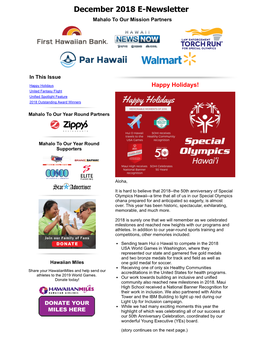 December 2018 E-Newsletter Mahalo to Our Mission Partners