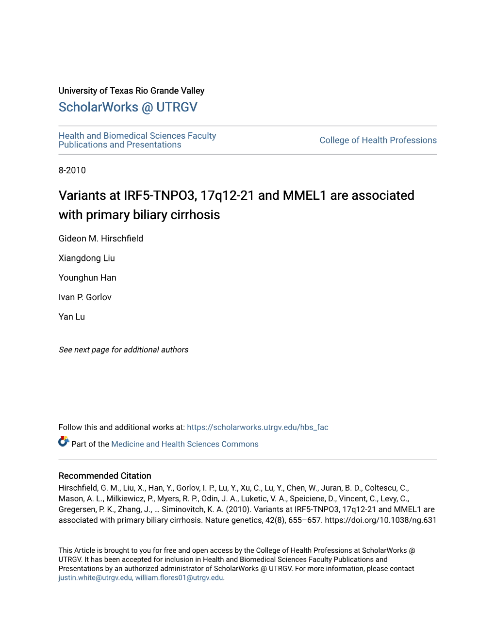 Variants at IRF5-TNPO3, 17Q12-21 and MMEL1 Are Associated with Primary Biliary Cirrhosis