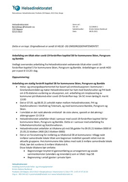 Anbefaling Om Tiltak Etter Covid-19-Forskriften Kapittel 5B for Kommunene Skien, Porsgrunn Og Bamble