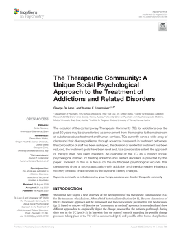 The Therapeutic Community: a Unique Social Psychological Approach to the Treatment of Addictions and Related Disorders