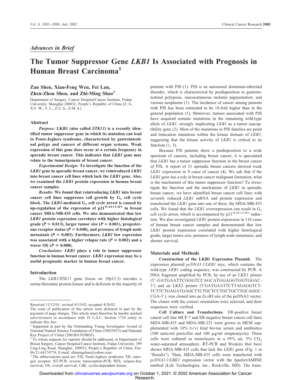 The Tumor Suppressor Gene LKB1 Is Associated with Prognosis in Human Breast Carcinoma1