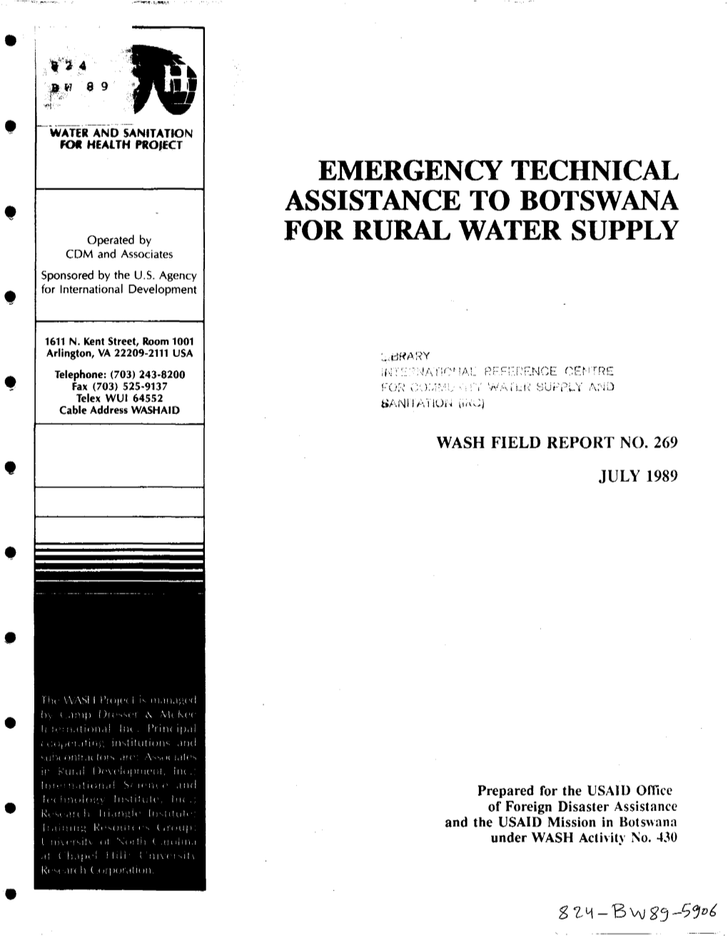 EMERGENCY TECHNICAL ASSISTANCE to BOTSWANA for RURAL WATER SUPPLY T