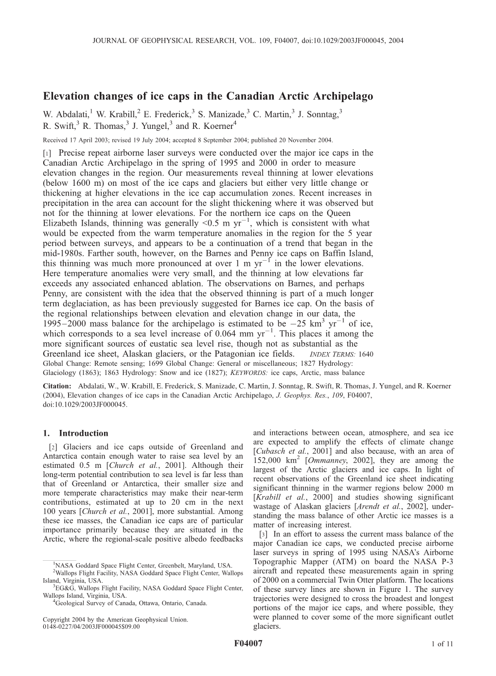 Elevation Changes of Ice Caps in the Canadian Arctic Archipelago W