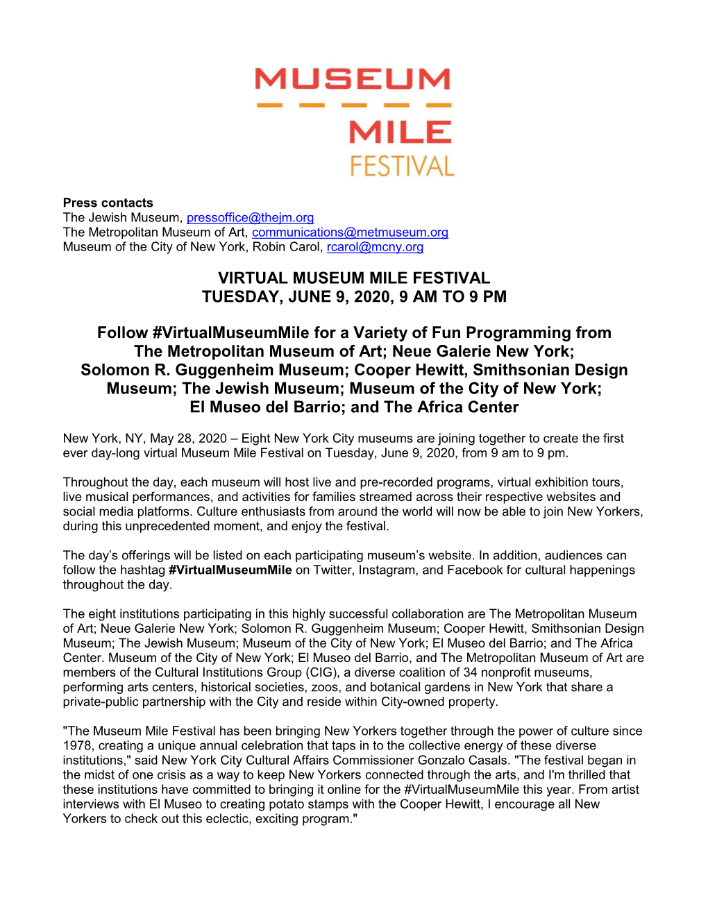 Virtual Museum Mile Festival Tuesday, June 9, 2020, 9 Am to 9 Pm