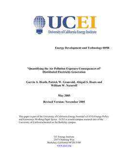 Quantifying the Air Pollution Exposure Consequences Of" Distributed Electricity Generation