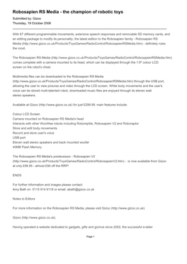 Robosapien RS Media - the Champion of Robotic Toys Submitted By: Gizoo Thursday, 19 October 2006