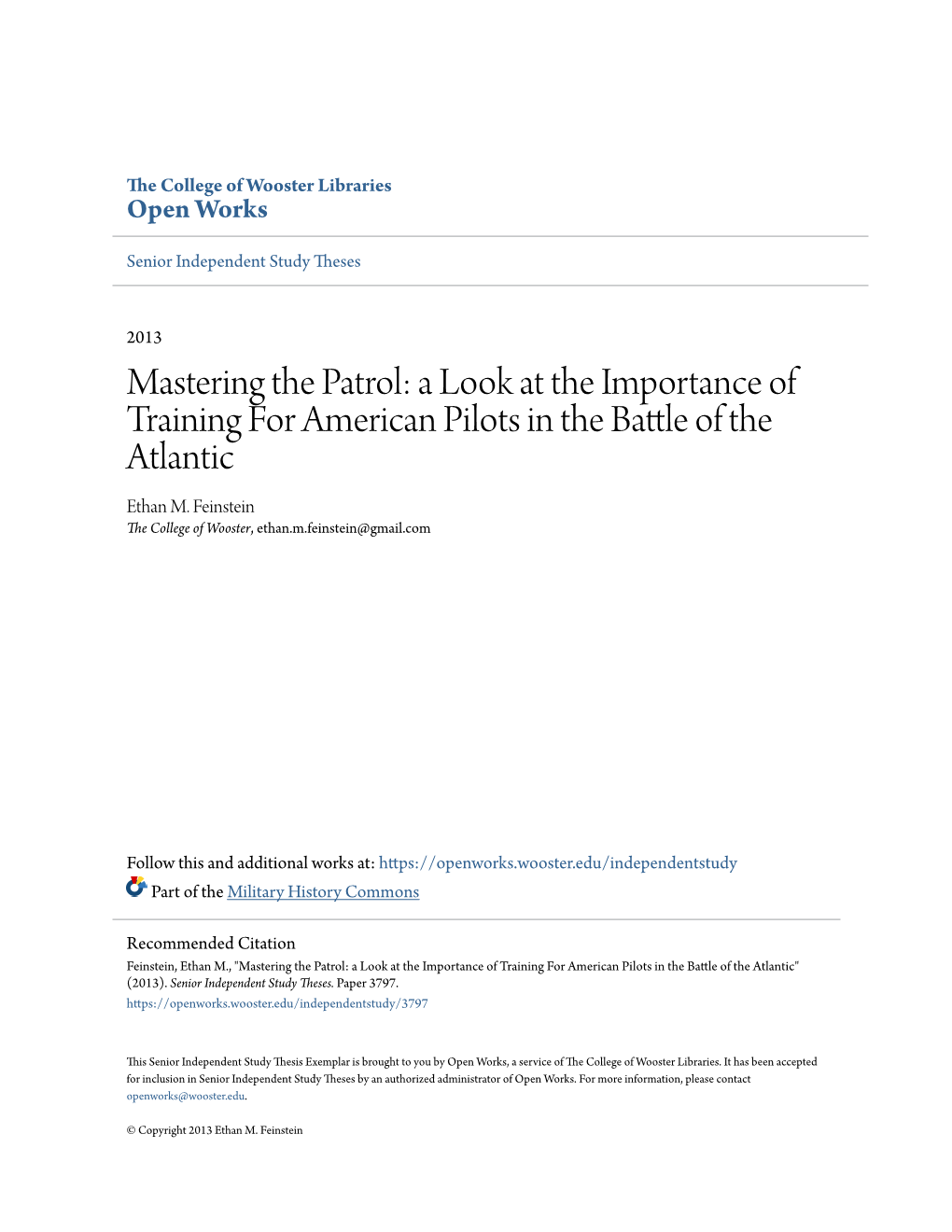 A Look at the Importance of Training for American Pilots in the Battle of the Atlantic Ethan M