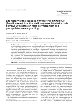 Life History of the Copepod Hemicyclops Spinulosus (Poecilostomatoida, Clausidiidae) Associated with Crab Burrows with Notes On