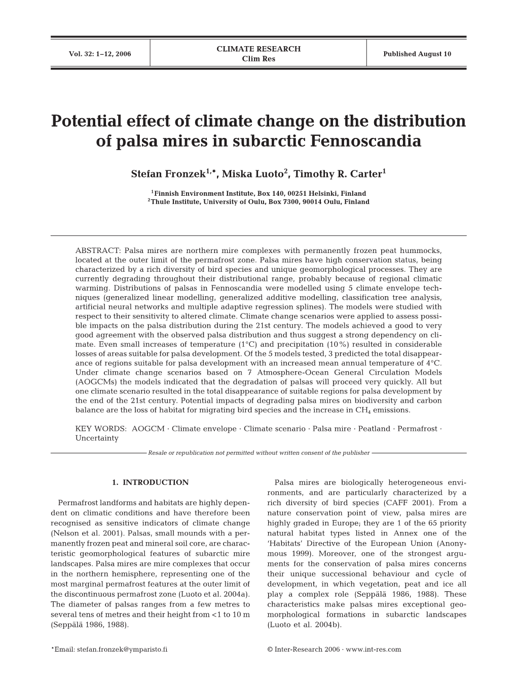 Potential Effect of Climate Change on the Distribution of Palsa Mires in Subarctic Fennoscandia