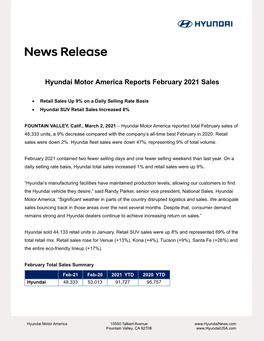 Hyundai Motor America Reports February 2021 Sales