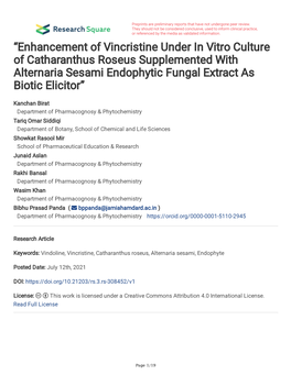 “Enhancement of Vincristine Under in Vitro Culture of Catharanthus Roseus Supplemented with Alternaria Sesami Endophytic Fungal Extract As Biotic Elicitor”