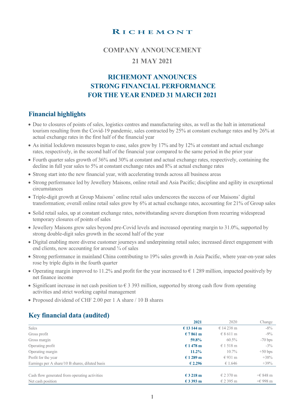 Richemont Announces Strong Financial Performance for the Year Ended 31 March 2021