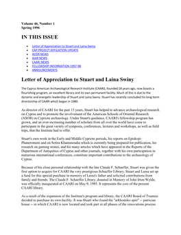 IN THIS ISSUE Letter of Appreciation to Stuart and Laina Swiny