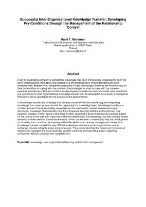 Successful Inter-Organizational Knowledge Transfer: Developing Pre-Conditions Through the Management of the Relationship Context