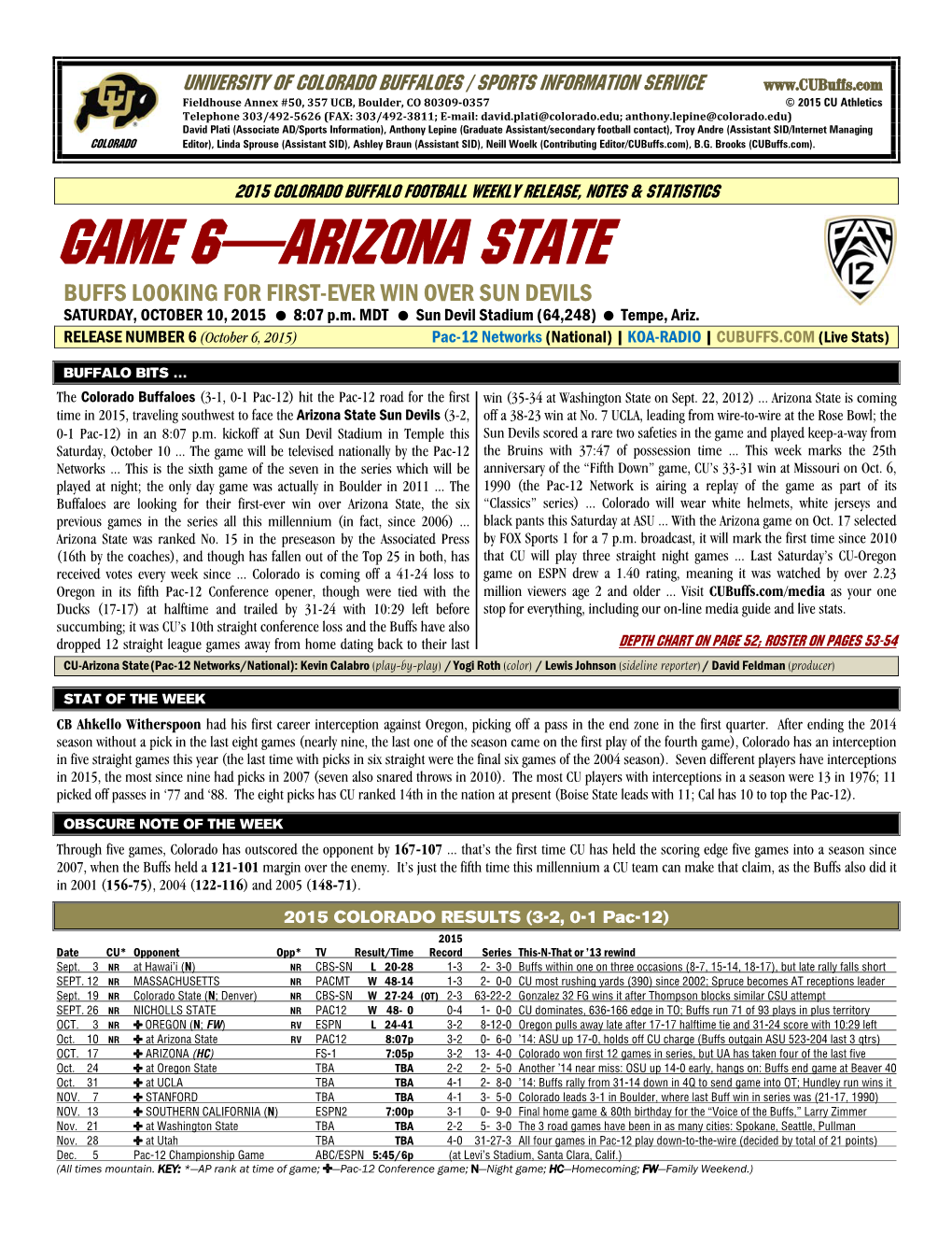 GAME 6—ARIZONA STATE BUFFS LOOKING for FIRST-EVER WIN OVER SUN DEVILS SATURDAY, OCTOBER 10, 2015 8:07 P.M